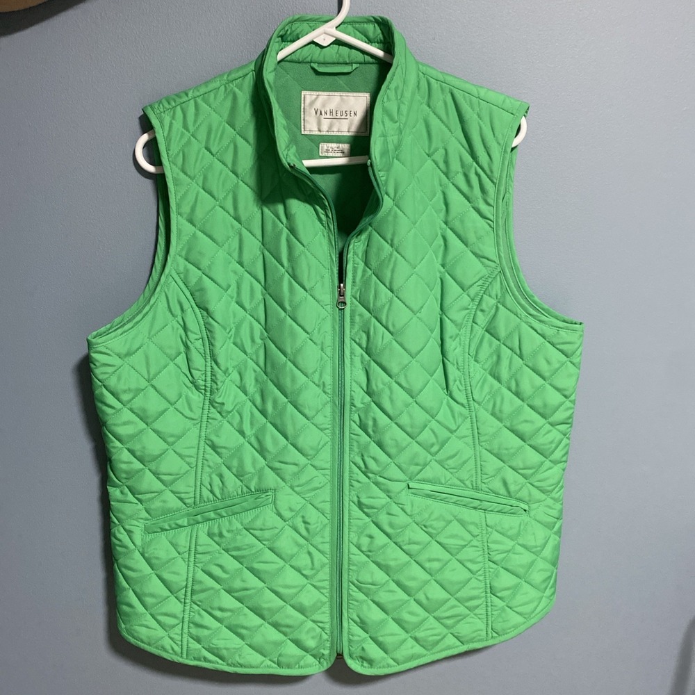 Van Heusen Womens Green Diamond Quilted Full-Zip Vest XL Regular Fit Mid-Length